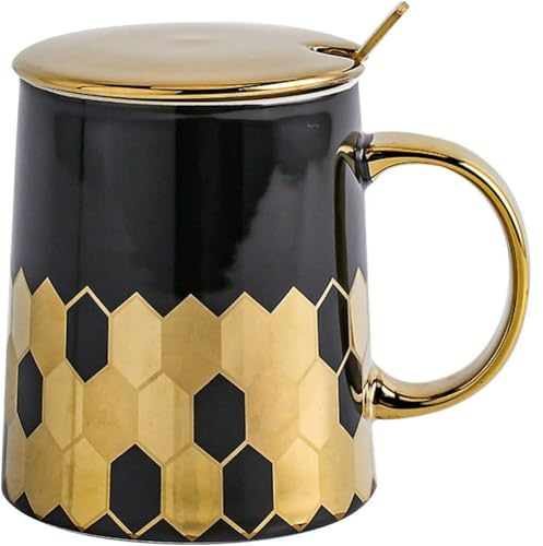 FülleMore 380ml Kaffeetasse mit Deckel und Löffel,Elegante Teetasse Gold Kaffeebecher Cappuccino Tassen Geschenkset Porzellantasse für Frauen,Mama,Freundin (Schwarz)