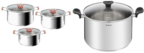 Tefal Opti’Space Lot de 3 faitouts 18/20/24 cm + 3 couvercles verre, Induction, Acier inoxydable, Empilable G720S674 & PRIMARY acier inoxydable marmite 28 cm + CV