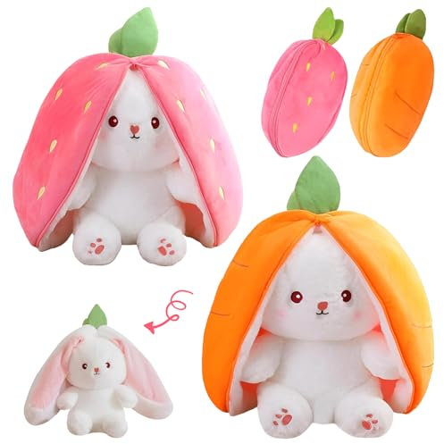 2PCS Lapin de Pâques Peluche, Peluche Lapin Carotte, 25cm Douceur Carottes Fraises Poupée Jouet en Peluche Lapin Cache-Cache, Lapin de Pâques Figurine en Peluche Cadeau pour Enfants Garçons Filles