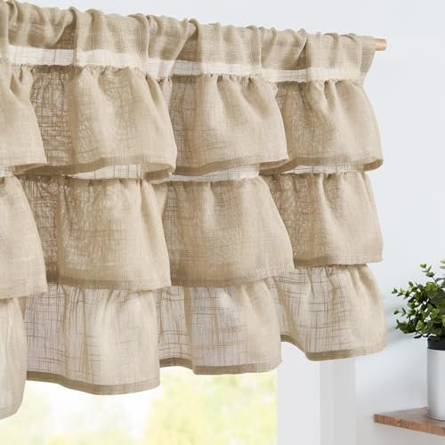 TOPICK Taupe Net Ruffled Kitchen Curtains 18 Inch Drop Small Cafe Curtains Shabby Chic Style Decor Sheer Curtain Valance for Bathroom Sink Living Room Half Window Rod Pocket 1 Panel