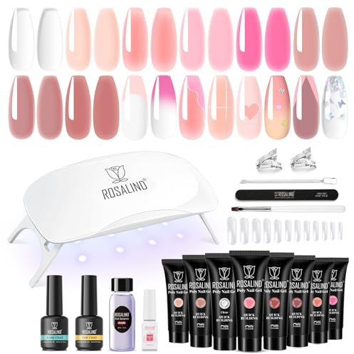 ROSALIND Kit UV Acrygel pour Ongle Complet, 8 Couleurs 10 ml Poly Extension d'ongles en Gel Avec Lampe UV, Base & Top Coat et Outils de Manucure, DIY Nail Art Ongles Gel Complet Kit pour Débutant