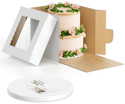 KLYZOXO 1 Set Kuchenboxen, inklusive 1 Kuchenboxen & 1 Brettern, 25x25x25 cm hohe Kuchenbehälter mit Fenster, 12 mm dicke runde Wellpappe-Cake Board für mehrschichtige Torten, weiß