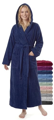 jazzylab Accappatoio Donna Extra Lungo con Cappuccio, 100% Cotone Spugna 380 g/m², Blu marino, L-XL Lang