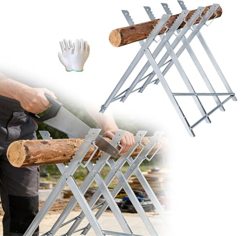 UISEBRT Sågbock vikbar för motorsågar, träbock av metall med handske, stålram kan belastas upp till 150 kg för ved och träarbete, 82 x 80,5 x 79 cm