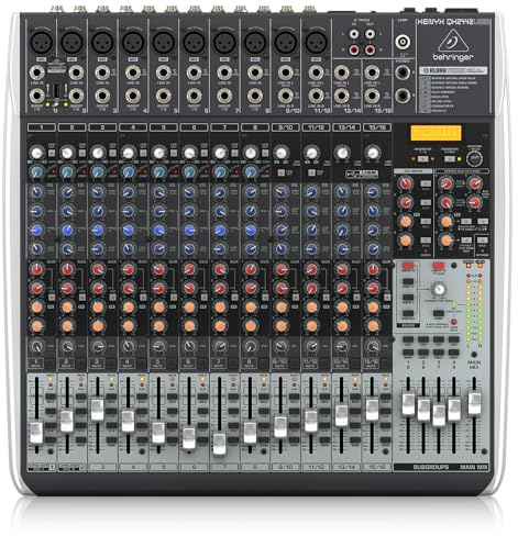 Behringer XENYX QX2442USB Premium 4/2-Bus-Mixer mit 24 Eingängen, XENYX-Mikrofonvorverstärkern und -Kompressoren, Klark Teknik Multi-FX-Prozessor, Wireless-Option und USB/Audio-Schnittstelle
