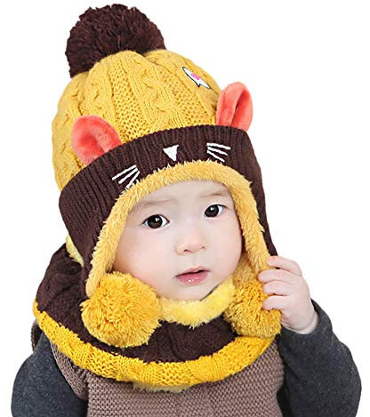 Lazeny Baby Strickmützen Niedlich Katze Kindermützen Wintermütze mit Plush Schal Häkelstrick Winter Warm Hüte Schlupfmütze Gestrickte Kappe Schnee Hut für Mädchen Jungen Kleinkind (6-48 Monate)-Gelb