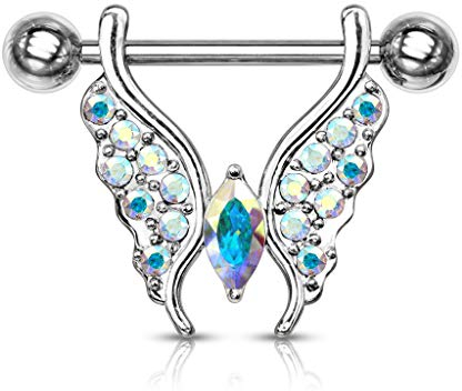 beyoutifulthings Brustwarzen-Piercing Kristall Schmetterling Brust-Piercing Nippel-Piercing Chirurgenstahl Silber Regenbogen Stab 1,6/14mm