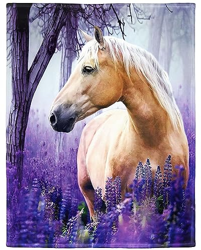 HommomH Pferdedecke, 127 x 203 cm, Wald-Violett, Blumenmuster, weich, flauschig, Fleece-Überwurf für Schlafsofa