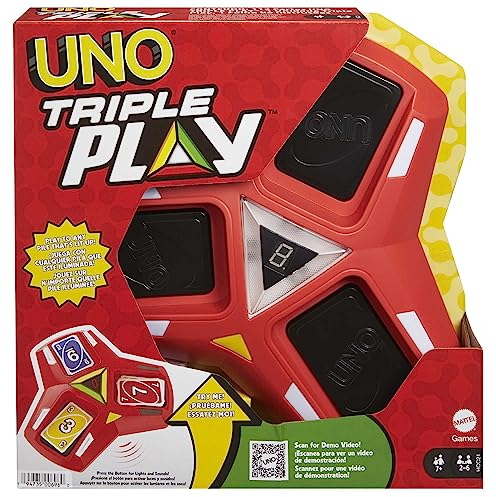UNO Triple Play Card Game with Card-Holder Unit with Lights & Sounds & 112 Cards, Kid, Teen & Adult Game Night Gift Ages 7 Years & Older, HCC21