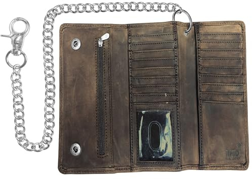 Motorcycle Chain Wallet for Men – Premium Cowhide Leather, RFID Tri-Fold Biker Wallet with Heavy Duty Chain for Bikers Truckers & Hunters, Credit Card Money Organizer Long Wallet Crazy Horse Brown