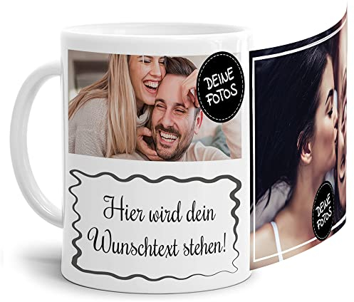 Foto-Tasse selbst gestalten mit Text & Collage für 2 Fotos - Geschenk für Familie, Freunde, Geburtstag, Weihnachten - Keramik Weiß, 300 ml I Personalisiert