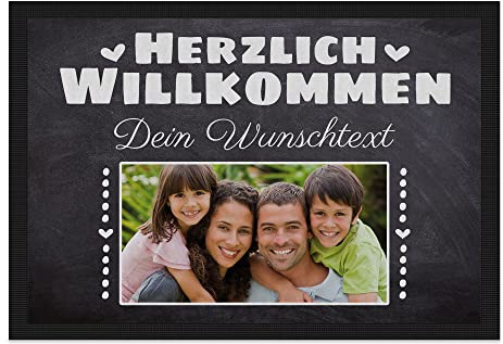 Print Royal Personalisierte Fußmatte mit Namen & Bild - Herzlich Willkommen - Geschenke zum Einzug | rutschfest, 75x50cm mit Gummirand