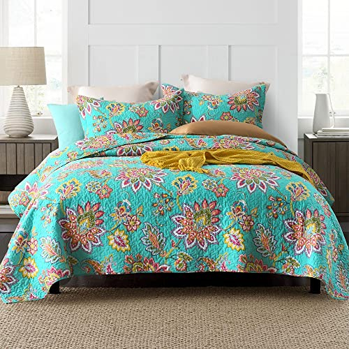 VISIMISI Cotton Bedspread Quilt Sets Reversible Coverlet Sets Comforters Vintage Bohemian Patchwork Bedspread (Green Vintage Floral, King Size) Decke für Doppelbett