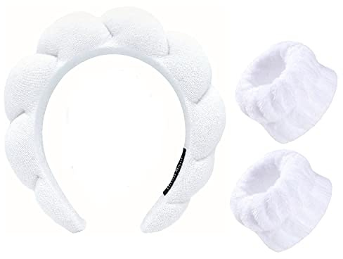 Taicols 3 Stück Spa Gesicht Stirnband Handgelenk, Handgelenk Waschbänder Set, Weiches Hautpflege Haarband Elastisches Handgelenk Schweißband Flauschiges Kosmetik Stirnband für Frauen Mädchen (weiße)