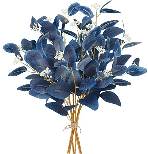 Betylifoy Kunstpflanze Eukalyptus Deko 6 Stück Kunstpflanze Eukalyptus Zweige Blaue Künstliche Eukalyptusblätter Pflanzen für Zuhause Blumenarrangement Tischdeko