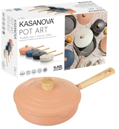 KASANOVA Padella Antiaderente Alta vari colori Pot Art 24 cm con Coperchio Innovativo, padella antiaderente 24 cm, Ideale per Cotture Lente e Stufati (Rosa, 24 Cm)
