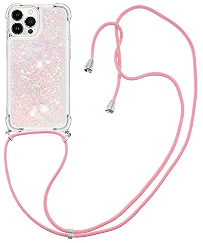 IMIRST Lanyardfodral kompatibelt med iPhone 14 Pro Bling flytande glitter silikonskal stötsäkert Kawaii-skydd med sladd halsbandsfodral för Apple iPhone 14 Pro. LP Stjärna Rosa