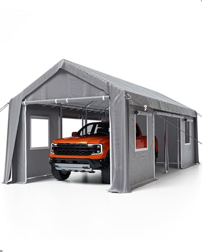 DEXSO Cochera de gran tamaño de 13 x 25 pies, garaje portátil resistente para camioneta de tamaño completo, SUV, remolque de viaje compacto, postes de acero de 10 x 1.0 mm y toldo impermeable de