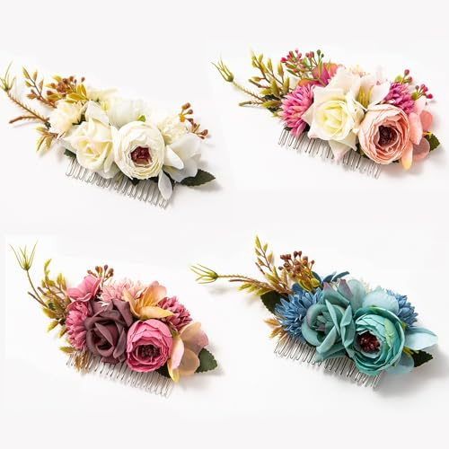 Pamtns 4 Stück Haarkamm Künstliche Blumen Metall Haar Seitenkämme Metall-Haarkämme mit Künstlicher Rose Frauen Haarschmuck Slides Clips Haarseitenkämme Braut Kopfschmuck für Hochzeit Zubehör