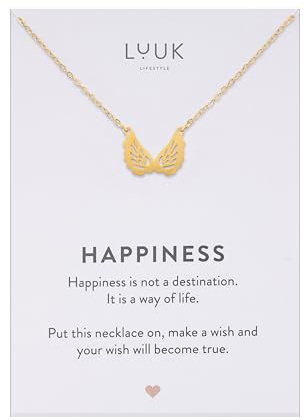 LUUK LIFESTYLE Collana con ciondolo ali d'angelo e acciaio inossidabile (50cm), con carta HAPPINESS, gioielli semplice, portafortuna, idea regali donna, ragazza, lei, compleanno, oro