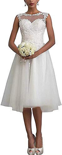 WZEFEIO Vestido de Novia Corto de Encaje, Palabra A, Civil Retro, Moda, Blanco, 38