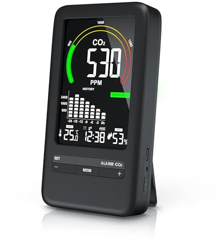 Brandson Detector de CO2 Controlador de Calidad del Aire NDIR Sensor de dióxido de Carbono Medición PPM Co2 Pantalla Humedad Ambiente Alarma, Reloj Termómetro higrómetro Batería Recargable de 2000mAh