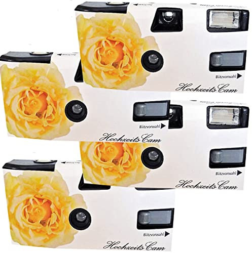 PHOTO PORST Lot de 4 appareils photo jetables 1A Édition rose de mariage jaune avec flash, piles et film (lot de 4, 27 prises chacune)