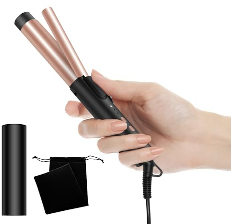 Mini Lockenstab Kurze Haare 25mm, Reise Lockenstab mit Handschuh und Aufbewahrungstasche160-200°C, Mini lockenstab für Kurze Haare und Mittellanges Haar, Doppelspannung (Schwarz Gold)