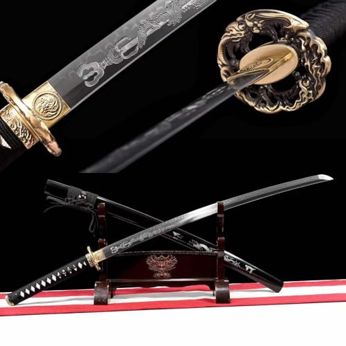 103 cm echtes Samurai-Schwert mit Holzscheide,geschmiedetes Katana aus T10-Stahl,Handschützer aus Kupfer + Scheide massivem Holz,handgefertigtes Katana,Japanisches Samurai-Schwert,Kendo-Übungsschwert