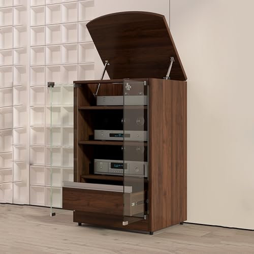 GUAWJRZDP Audio Rack Hi Fi Regal mit Stauraum, Phonoschrank Mit Verstellbaren Regalen, Plattenspieler Regal mit Glastüren, Holz Hi Fi Regal mit Klappdeckel(Walnut,3-Tier)