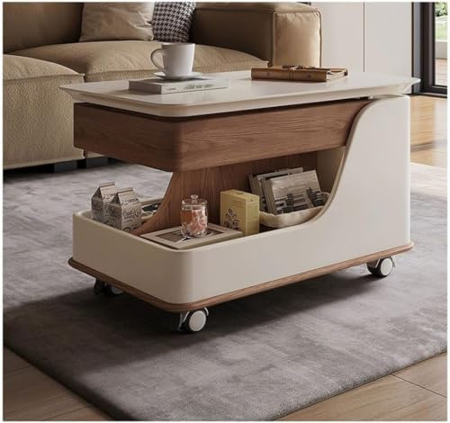 Moderna mesa de centro de nogal con parte superior elevable, altura ajustable y ruedas, mesa auxiliar portátil y versátil para dormitorio o sala de estar