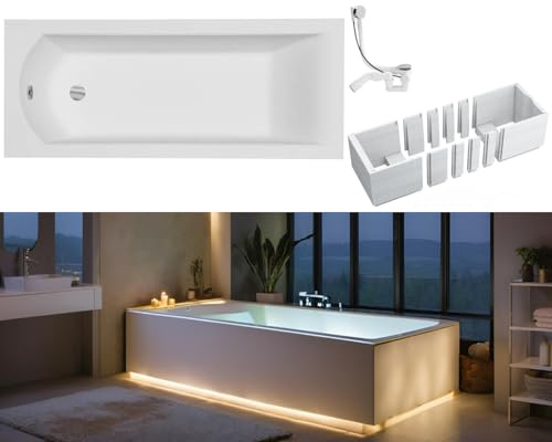 VBChome Badewanne 180 x 80 cm Weiß Acryl Wannenträger Platz für LED-Beleuchtung Styroporträger Siphon Wanne Rechteck Design Modern Ablaufgarnitur in Chrom