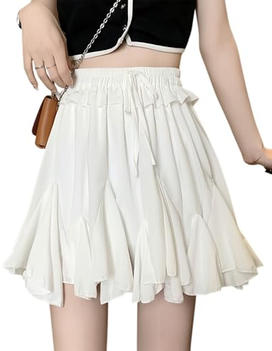 BNREOZA 1 mini jupe blanche pour femme, jupe sexy, jupe à volants, jupe courte plissée, jupe A-line, jupe bustier blanche, robe à bretelles polyvalente (taille L)