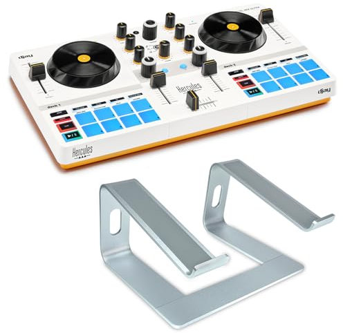 Hercules DJControl Mix Ultra Mobile DJ Controller with Keepdrum Laptop Stand Silver