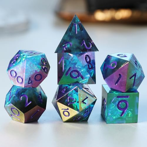 Elifel DND-tärningar Set D & D 7 st skimrande plätering, DND special speltärning harts handgjorda med vassa kanter för spel rollbord Dungeons och drake med presentpåse