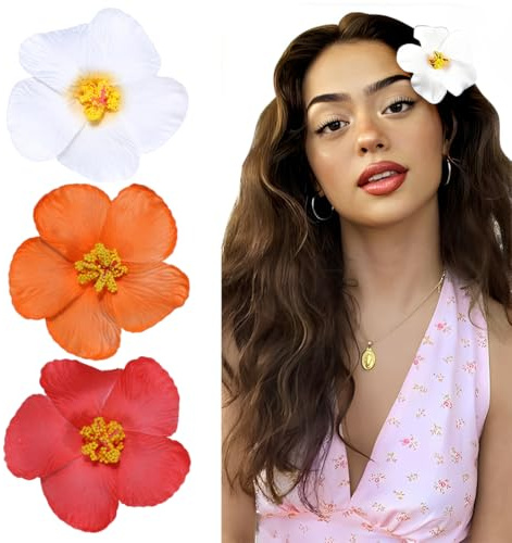 LONZIKP 3 Pezzi Fermagli per Capelli con Fiori Hawaiani per Donne, Fermaglio per Capelli Plumeria Hibiscus, Fermagli con Fiori Artificiali per Vacanze, Feste in Spiaggia