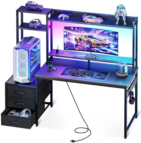 Casaottima 48 Inch Gaming Desk with Hutch & 3 Fabric Drawers, Computer Desk with USB Ports & LED Lights, Reversible Pc Gamer Table with Monitor Stand for Home Office, Carbon Fiber Black