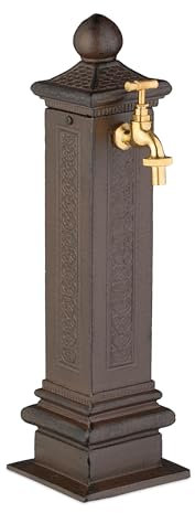 Relaxdays Fontana da Giardino in Stile Antico, Fontanella a Colonna con Rubinetto Acqua, HLP: 47x14x18,5 cm, Marrone, Alluminio, Acciaio
