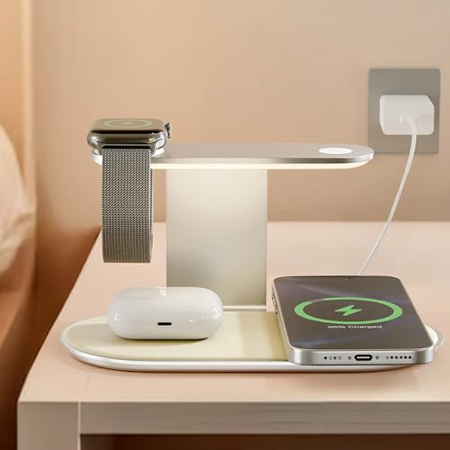 4-in-1 for Magsafe Wireless Charging: 15W Qi Magnetic Fast Charger Station Pad with Night Light for iPhone 17 16 15 14 13 12 Pro Max-for Apple Watch and AirPods Series-Desk Nightstand Bedside, Silver
