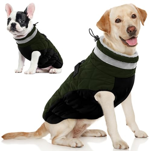 AOFITEE Wintermantel für große Hunde, Wasserdicht Hundemantel Hundejacke Mittelgroße Hunde mit Geschirr, Winddichter Winter Hunde Jacket mit Reißverschluss, Warme Outdoor Hundebekleidung, L Dunkelgrün
