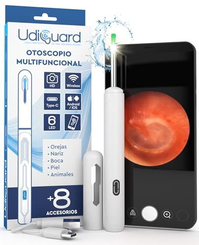 Otoscopio Limpiador de Oídos con Cámara 3,6mm 1920p WiFi Endoscopio de Oídos - UdiGuard Limpieza Cera Oídos 6 Luces LED Digital Adultos Niños Animales - Compatible con iPhone iPad y Android Blanco