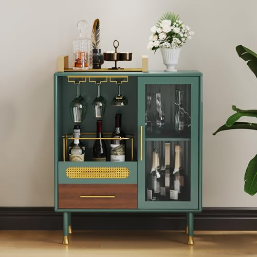 MROJISC Weinschrank Grün, Barschrank mit Weinglasregalen und 2 Schubladen, Modernes Bar Schrank Holzbuffet Sideboards für Wohnzimmer, Küche, Esszimmer