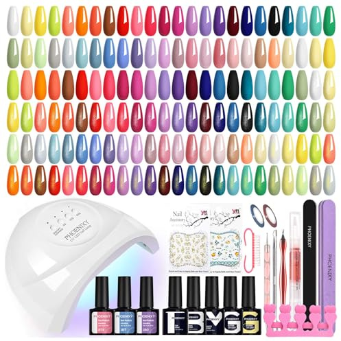 Phoenixy 50 st halvpermanenta nagelkit med 48 W U-V/LED 45 färger halvpermanenta naglar komplett set med baslack nybörjarkit