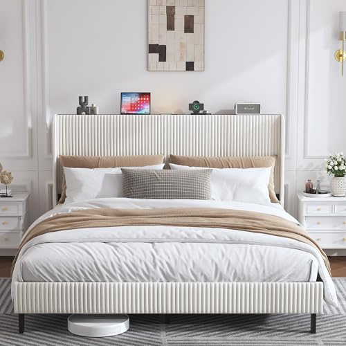 OKMYHOME Letto Imbottito 180x200 cm, Letto Matrimoniale Grande con LED e Porta USB Tipo C, Struttura con Rete a Doghe in Metallo, Tessuto a Coste, Beige, Senza Materasso