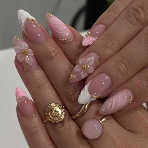 Zimocepuz French Mittelgroße Mandelförmige Press On Nägel,24 3D Blume Goldperlen Rosa Press On Nägel,Damen Alltagskleidung,Natürlich Wiederverwendbar