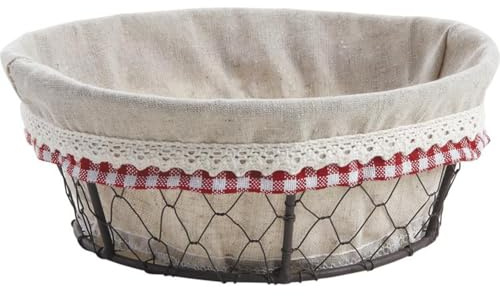 AUBRY GASPARD - Corbeille Ronde Grillage Vieilli avec Doublure Jute - Ø 28 cm x H 9 cm - Style Rustique Vichy Dentelle - Idéale pour Pain ou Décoration Table - Poids 0.02 kg