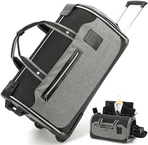 TONRUYN Rolling Garment Bag for Travel Suit Bag with Wheels Handle 55L Carry on Garment Duffle with Shoe Compartment for Men Women 3 in 1 Trolley Convertible Suit Carrier for Business Wedding, Grey