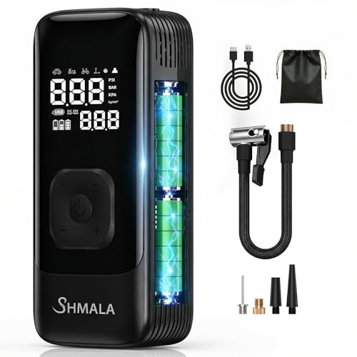 SHMALA Akku Luftpumpe Auto 150 PSI – Kabellose Reifenpumpe mit Auto-Stopp, Digitalem Manometer, LED-Licht & Power-Bank | Elektrischer Kompressor Fuer Auto, Motorrad, Fahrrad & Ball