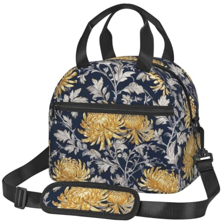 CNTDBU Bolsa térmica de almuerzo con diseño de crisantemo azul marino para el trabajo, bolsa de alimentos aislada con correa de hombro ajustable, enfriador a prueba de fugas para uso diario