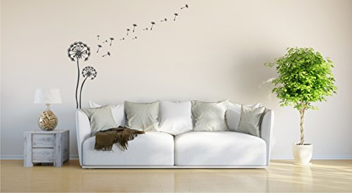 INDIGOS UG - Wandtattoo Wohnzimmer - Wandaufkleber Pusteblume Löwenzahn + 25 Blüten 120cm 80cm anthrazit E922 2 Stück - Aufkleber Kinderzimmer Schlafzimmer Küche Badezimmer Büro Dekoration